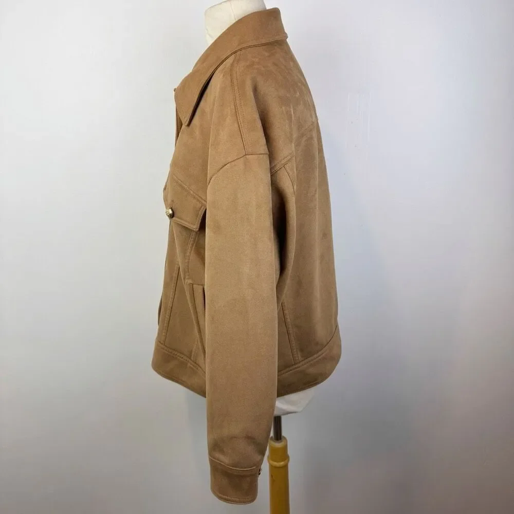 Maeve Faux Suede Trucker Jacket Camel Brown Size M Anthropologie - Picture 3 of 12